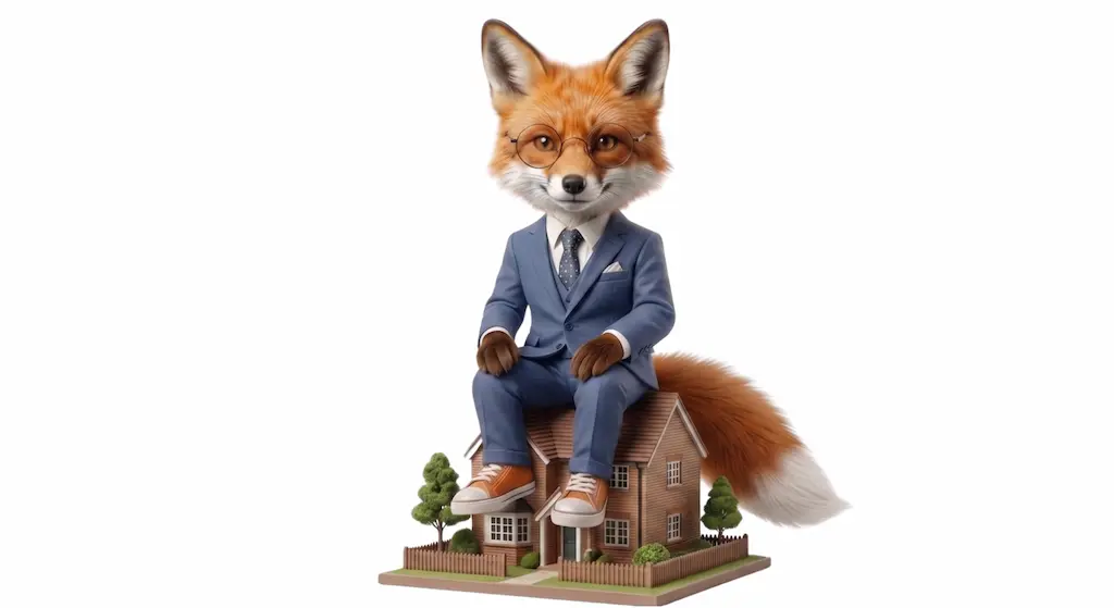 The Broker Finder fox in a suit sitting on the roof of a small house, keeping watch